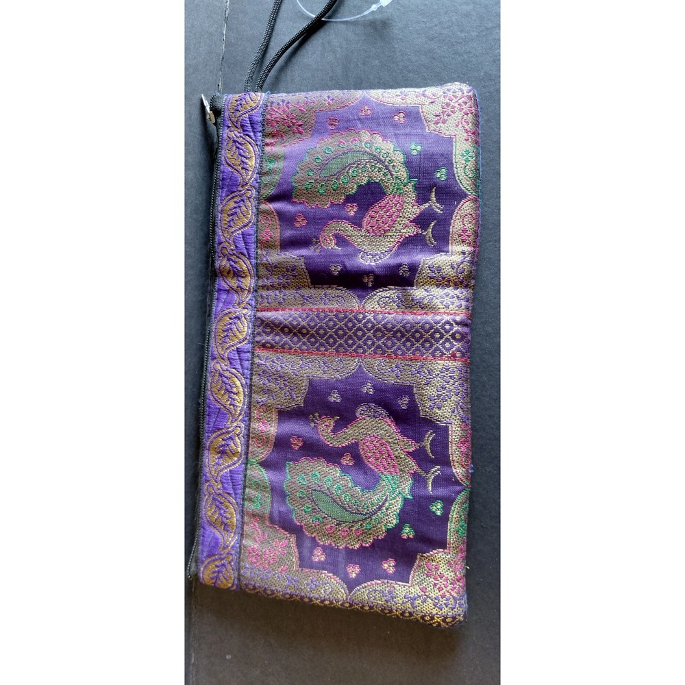 peacocks purple Kimkhab zipper cosmetic pouch clutch traditional Indian Banarasi